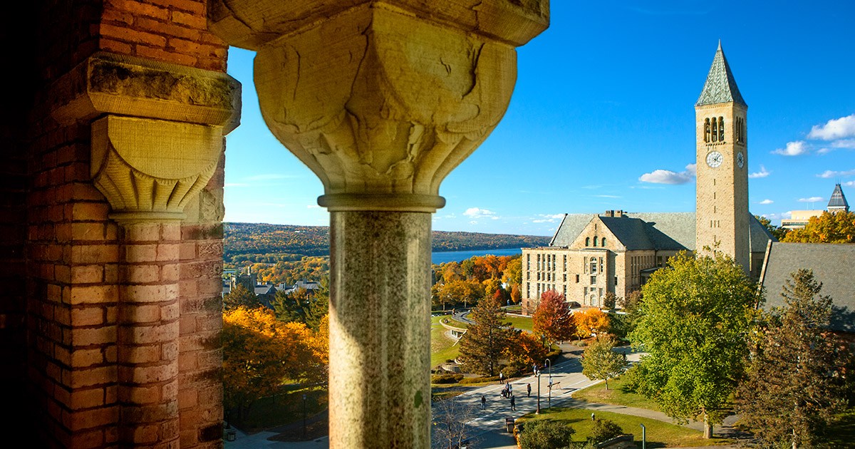 McGraw Tower, Uris Library and Ho Plaza in fall, shot from Barnes Hall.