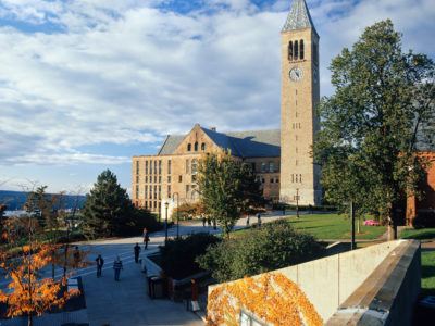 McGraw Tower, Uris Library, and Ho Plaza.