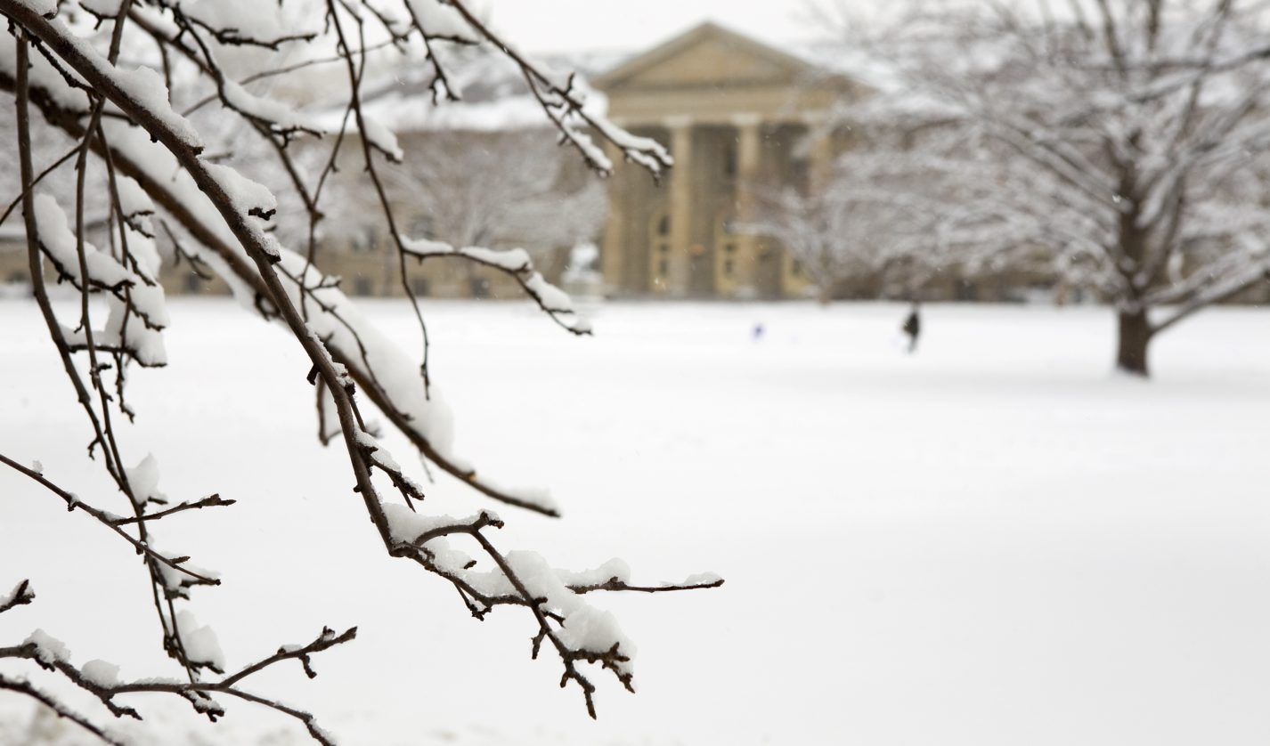 The Arts Quad and Goldwin Smith Hall in winter.