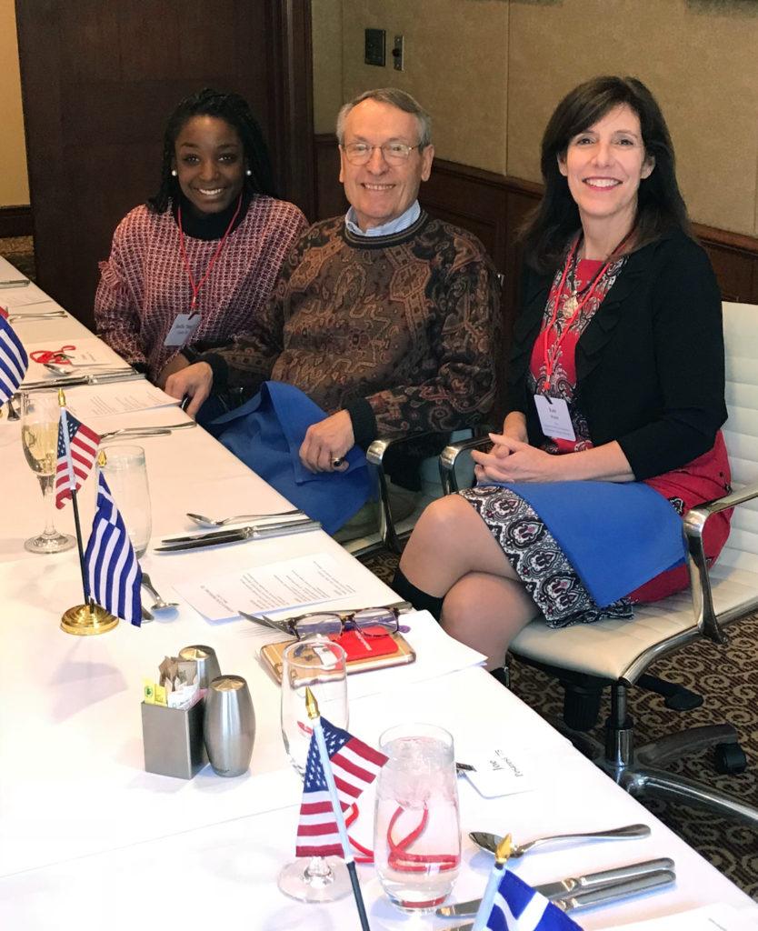 Costa E. Androulakis, Class of 1970 (center) with Kate Walsh MPS, Class of 1990, dean of the School of Hotel Administration (right), and scholarship recipient Jhoelle Coffy, Class of 2018 (left) at the 2018 Hotel Ezra Cornell.