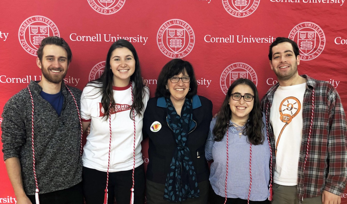 Cornell University President Martha Pollack (center) joins Senior Class Campaign executive board members (from left to right) Sam Markiewitz, Caitlin Sweeney, Molly Pushner, and Will Gusick at the 2019 Giving Day event in Willard Straight Hall.