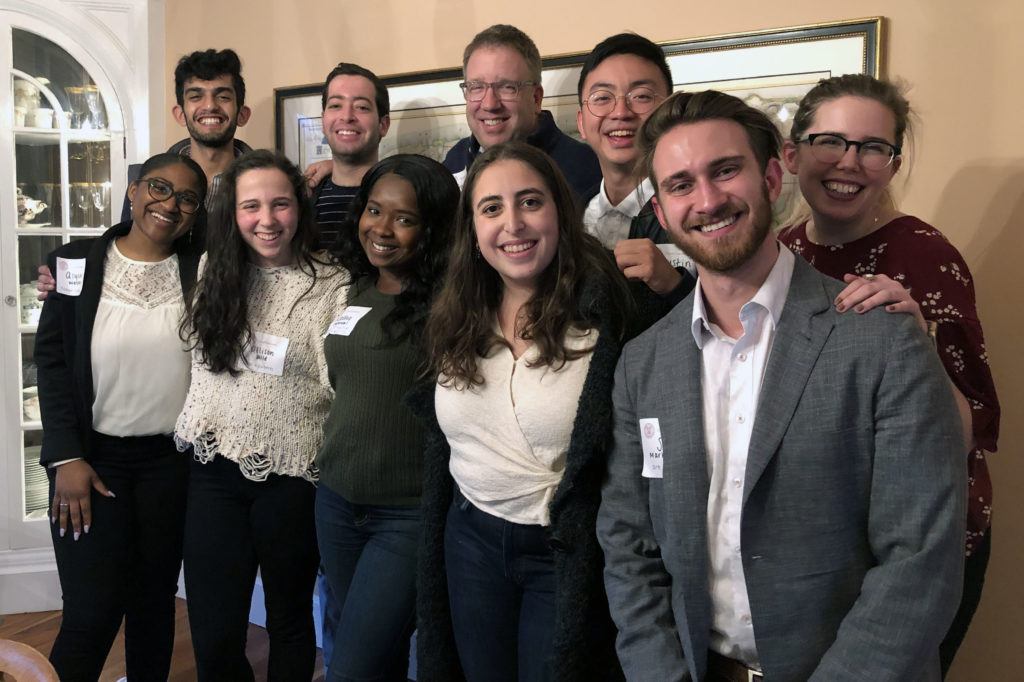 Dinner for the Senior Class Campaign executive board members: (top row, left to right) Sameer Nanda; Will Gusick; Fred Van Sickle, vice president for Alumni Affairs and Development; Dustin Liu; Kendra Saldana ’12, assistant director of Young Alumni Giving ; (bottom row, left to right) Alyssa Watson; Allison Wild; Kathie Duperval; Molly Pushner; Sam Markiewitz