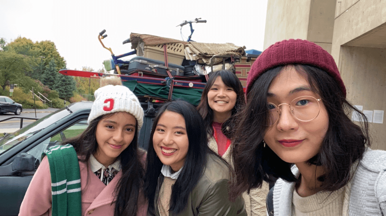 (L to R) Alejandra Gonzalez, Mina Prapakamol, Doanh Tran, Linda Huang, all Class of 2023, outside the Johnson Museum.