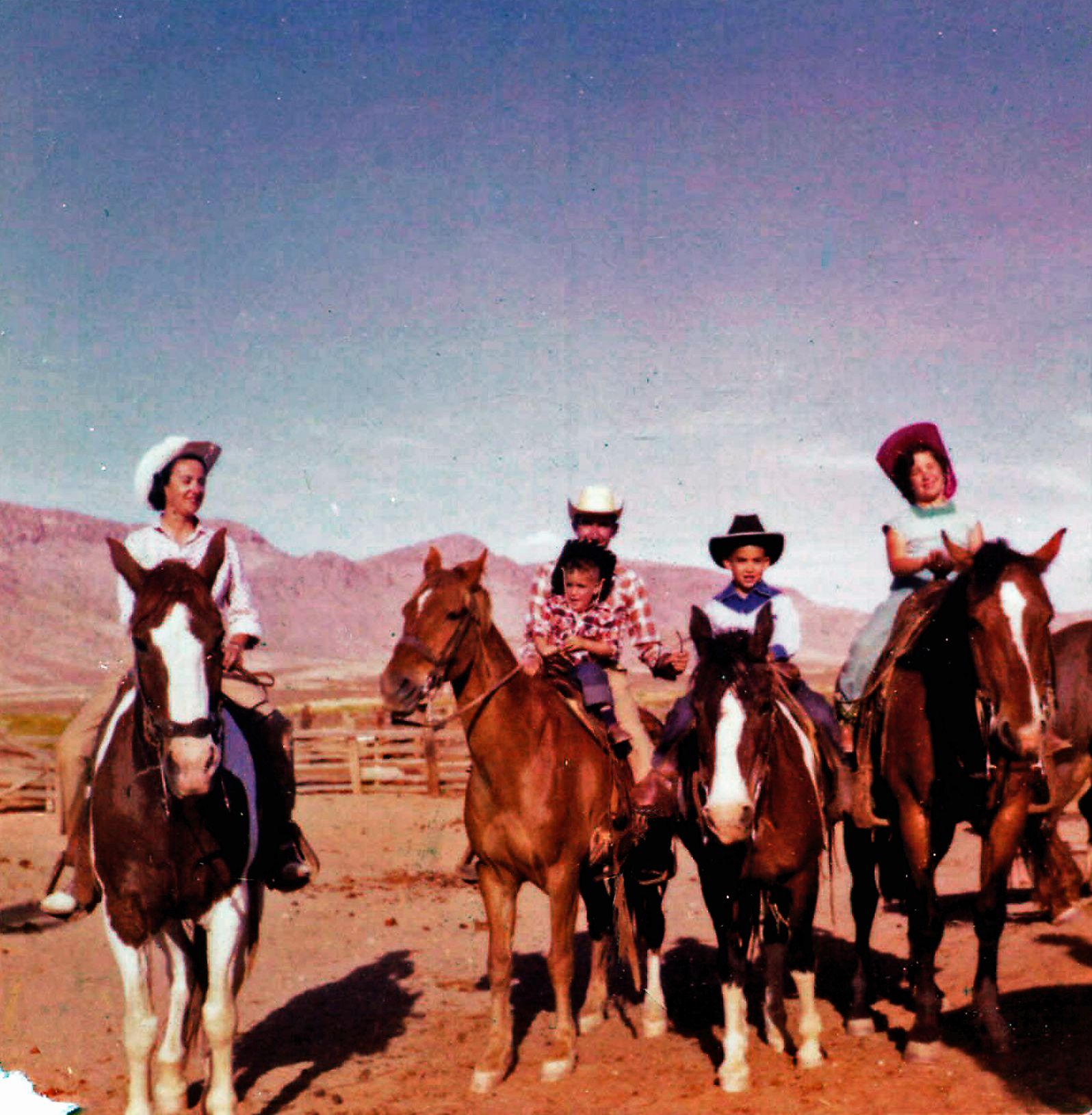 David Strip (center with a blue bandanna) with (left to right) his mother, father, brother Michael, and sister Lynn in 1957, on a family vacation to a dude ranch in Demming, New Mexico.
