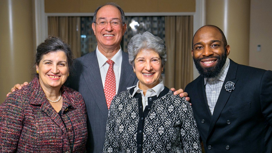 From left: Lourdes Casanova, senior lecturer and the Gail and Roberto Cañizares Director of the Emerging Markets Institute; Roberto Cañizares ’71, MBA ’74, Gail Cañizares; and Babatunde Ayanfodun