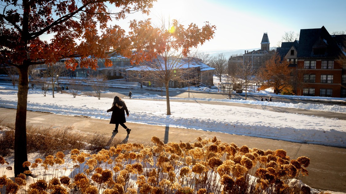 central campus, person walking in the sun