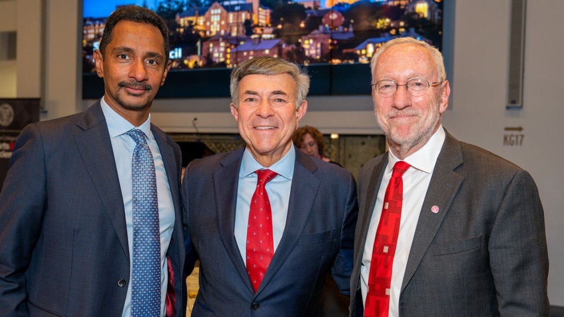 Ray Jayawardhana, the Harold Tanner Dean of Arts and Sciences; Robert S. Harrison ’76, chair of the Cornell Board of Trustees; and Provost Michael Kotlikoff
