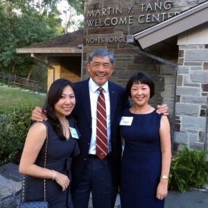 (L to R) Becky with “Uncle” Martin and Hongnan “Jiejie” at the Martin Y. Tang Welcome Center at Cornell, at the dedication event in 2018