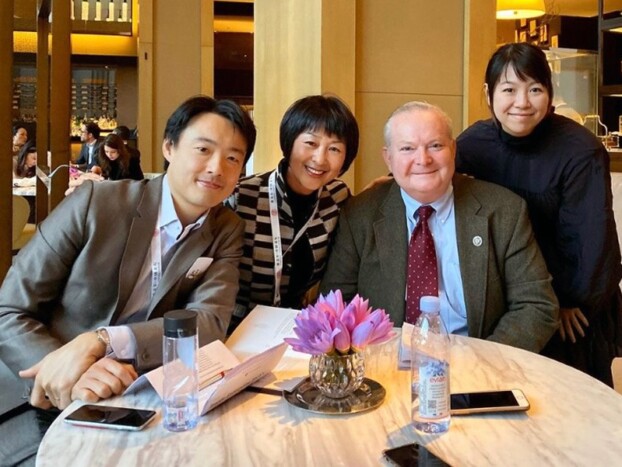 (L to R) Alan Zhou ’03; Hongnan Ma, directer of international development, Asia; Jeff MacCorkle ’88, member of the Cornell Asia Alumni Leadership Advisors (CAALA); and former Beijing Club co-president Tanni Wu ’06 at a 2019 Cornell event in Beijing