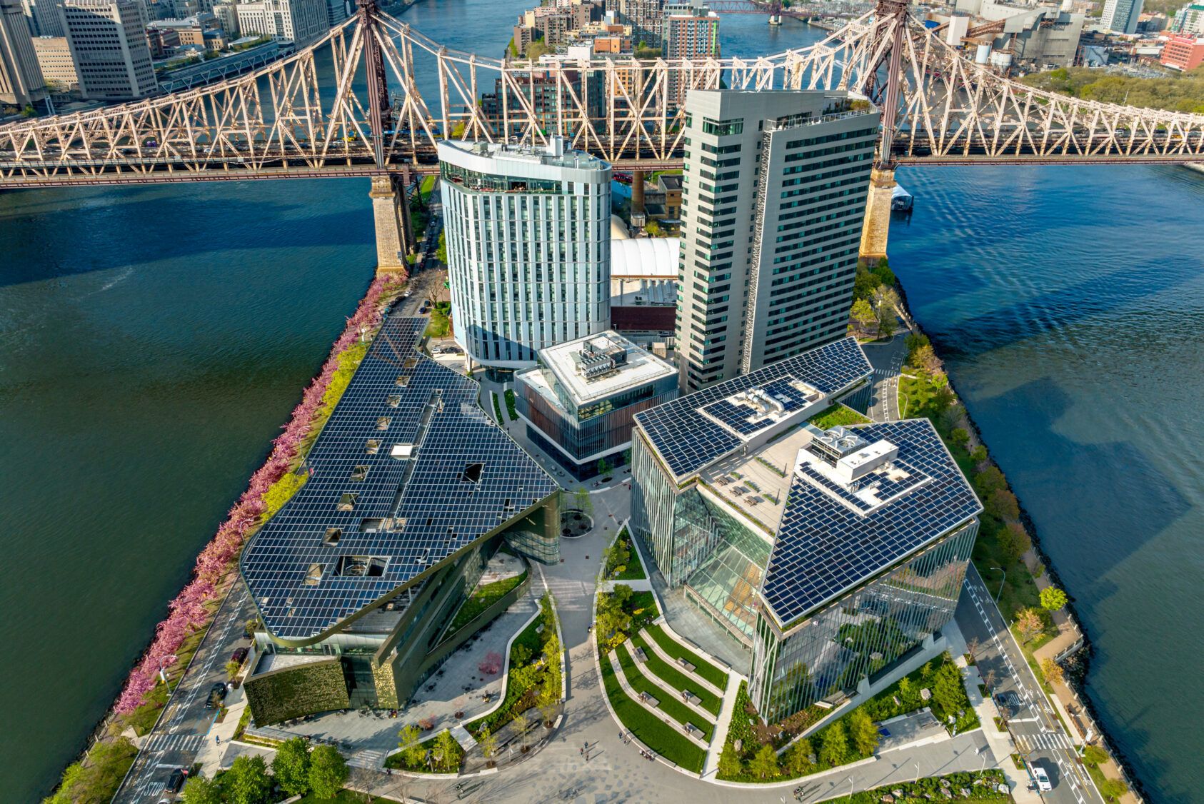 A bird's eye view of the Cornell Tech campus on Roosevelt Island