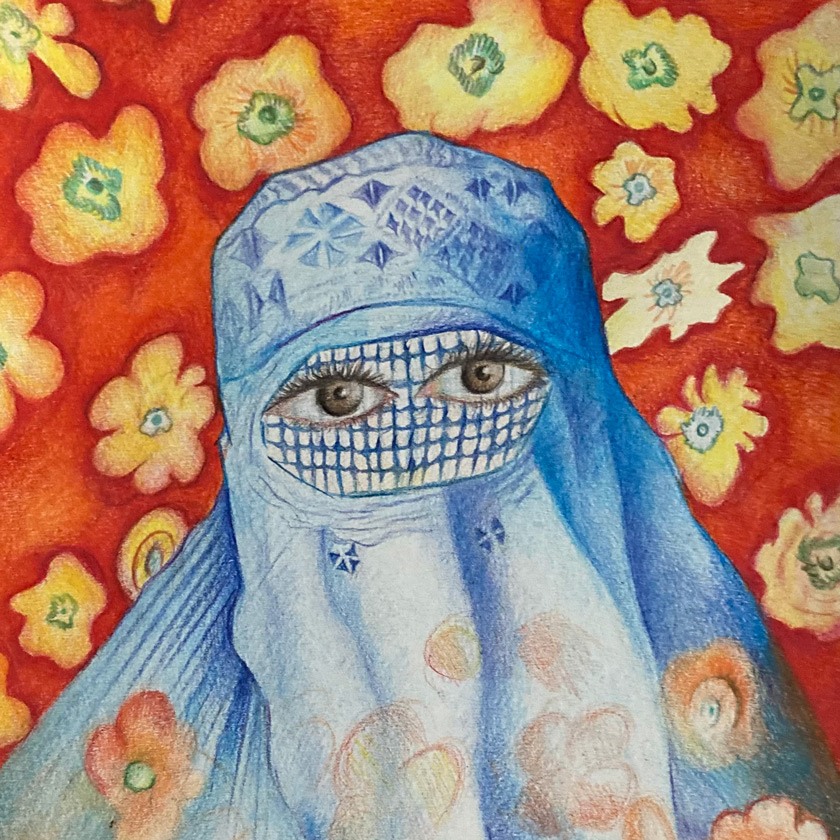 “In this painting, the woman’s face may be covered, but she has big eyes. Her eyes can still see. Sometimes I think it is me, an isolated woman in another part of the world, looking out at her country and wishing to be there again, with her family, wishing for peace,” says Elja of this work in progress.