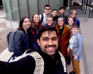 Cornell AAC clinic members outside of the federal immigration court in New York City in March 2023. First row: Syed Areeb Anzar 3L; Second row: Zaydee Stemmons 2L, Sara Allen 2L, Edith Perret LLM, Danielle Dominguez 3L, Katie Rahmlow 3L, Miriam Mars 2L; Third row: Ben Oswald 3L, Charlie Yang 3L, Ray Fang 2L, Hilary Fraser JD ’91; Not pictured: Don Izekor 3L, Ruihao Lin 2L
