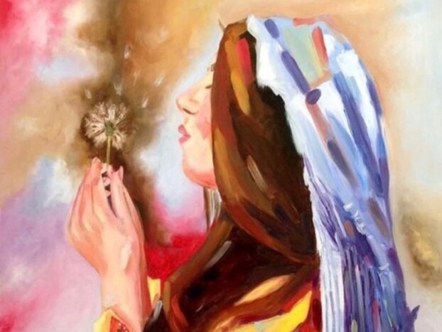 “Seeds of Peace,” by Sharifa ‘Elja’ Sharifi, visiting scholar at Cornell. “The woman in this painting is blowing dandelion seeds to send to different parts of the world. She says, ‘I am an Afghan woman. I can be part of the world. Please receive my voice,’” says Elja.