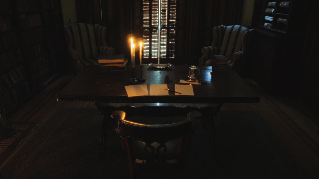 a desk with antique papers lighted by candlelight