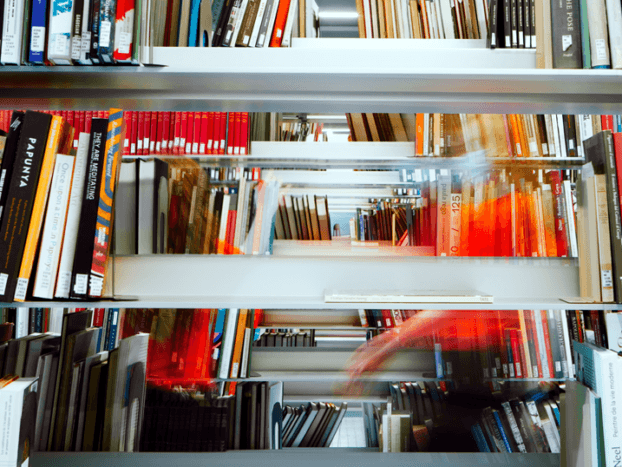 学生探索美术图书馆的书架