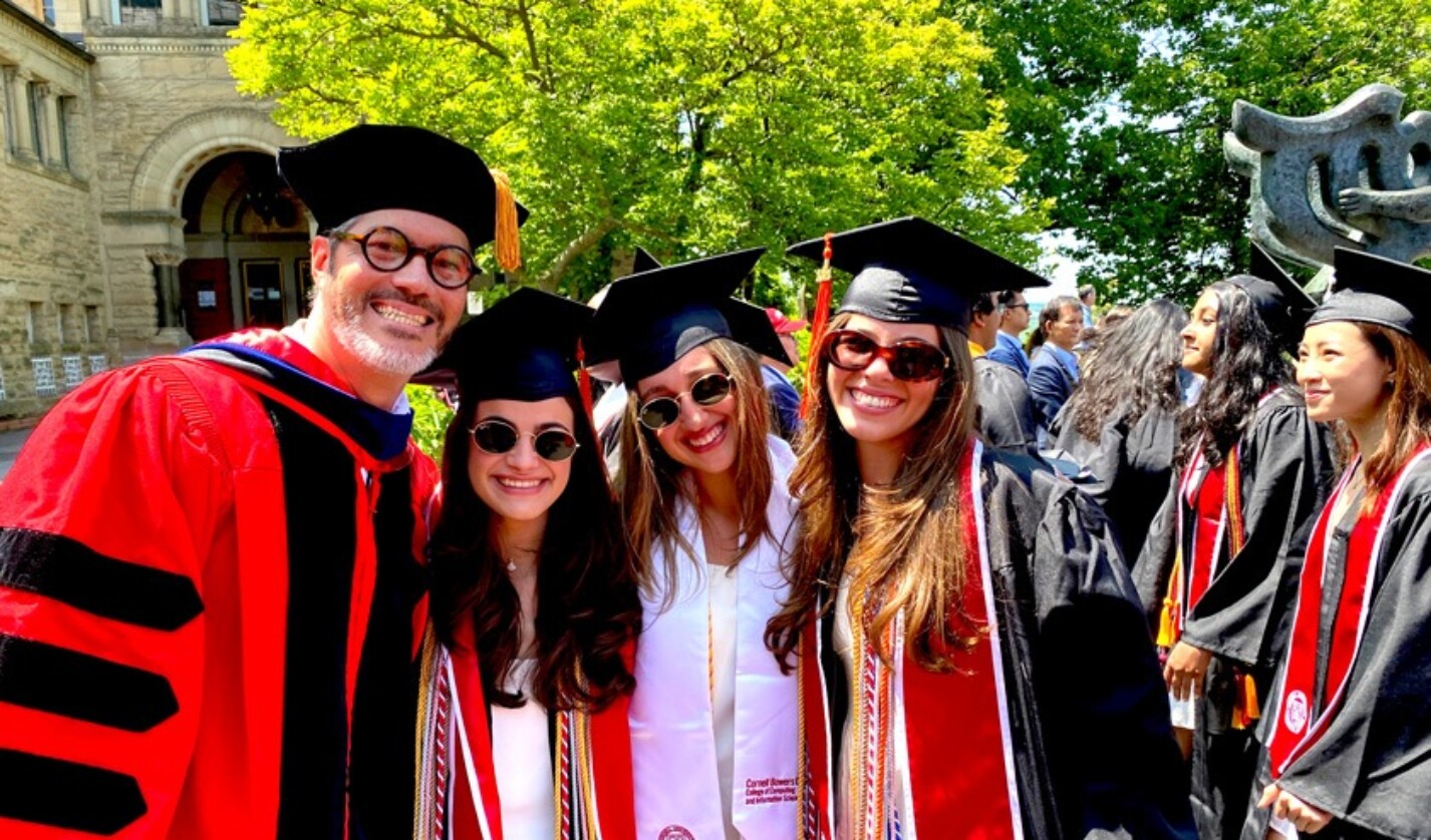 Cornell graduation 2023: (L to R) Enrique Vila-Biaggi '94, MEng '95, P '20, '23, '27; Paola Diaz ’23; Eleni Gianulis ’23; and Enrique’s daughter Veronica Vila ’23, MEng ‘24