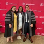 RED Veterinary Scholars celebrate completion of their veterinary degrees at the 2024 Hooding Ceremony (The ceremonial hood communicates the school, degree, and field of study. DVM degrees are always grey, no matter the school, and they have three stripes on the sleeves.) (L to R) Kelsey Warner DVM ’24, Alayzha Turner-Rodgers DVM ’24 and Alan Coberg DVM ’24