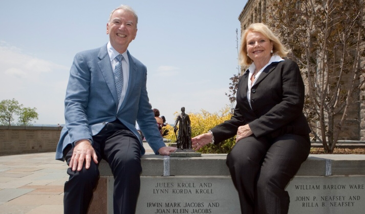 Irwin '54, BEE '56, and Joan '54 Jacobs at the Foremost Benefactor wall below McGraw Tower in May 2009