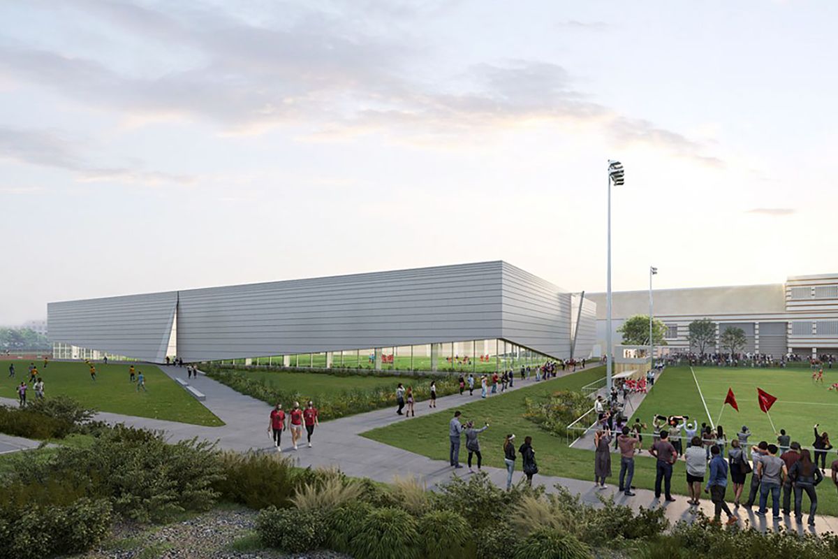 An artist’s rendering of Meinig Fieldhouse, looking southwest. Construction is scheduled to begin in the fall of 2024, with opening planned for 2026.