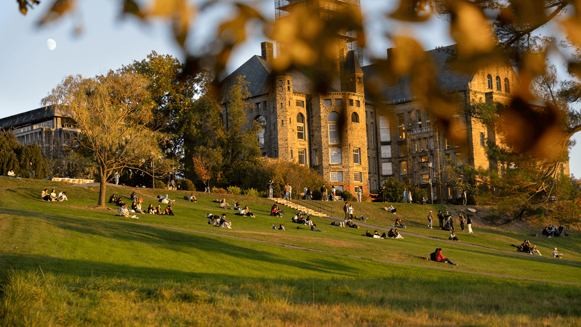 people sitting on libe slope at sunset