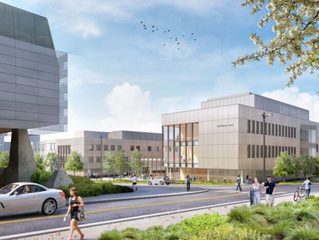 Rendering of an expanded Duffield Hall, set to transform the corner of Hoy and Campus roads by adding over 130,000 square feet of new and renovated space for the School of Electrical and Computer Engineering. Construction begins in 2025, with completion expected in 2027.