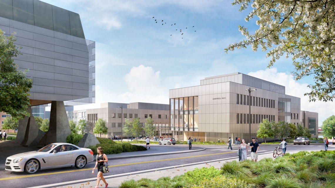 Rendering of an expanded Duffield Hall, set to transform the corner of Hoy and Campus roads by adding over 130,000 square feet of new and renovated space for the School of Electrical and Computer Engineering. Construction begins in 2025, with completion expected in 2027.