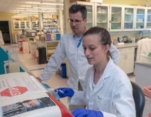 Martin and Rachel (Weachock) Evanowski ’13, MS ’19, a Cornell research support specialist, perform analyses of bacterial levels in food and environmental samples.