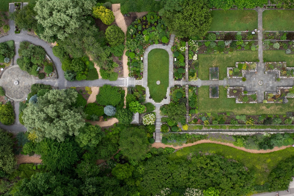 Aerial view of the Mullstein Winter Garden, Young Flower Garden and Robison Herb Garden.
