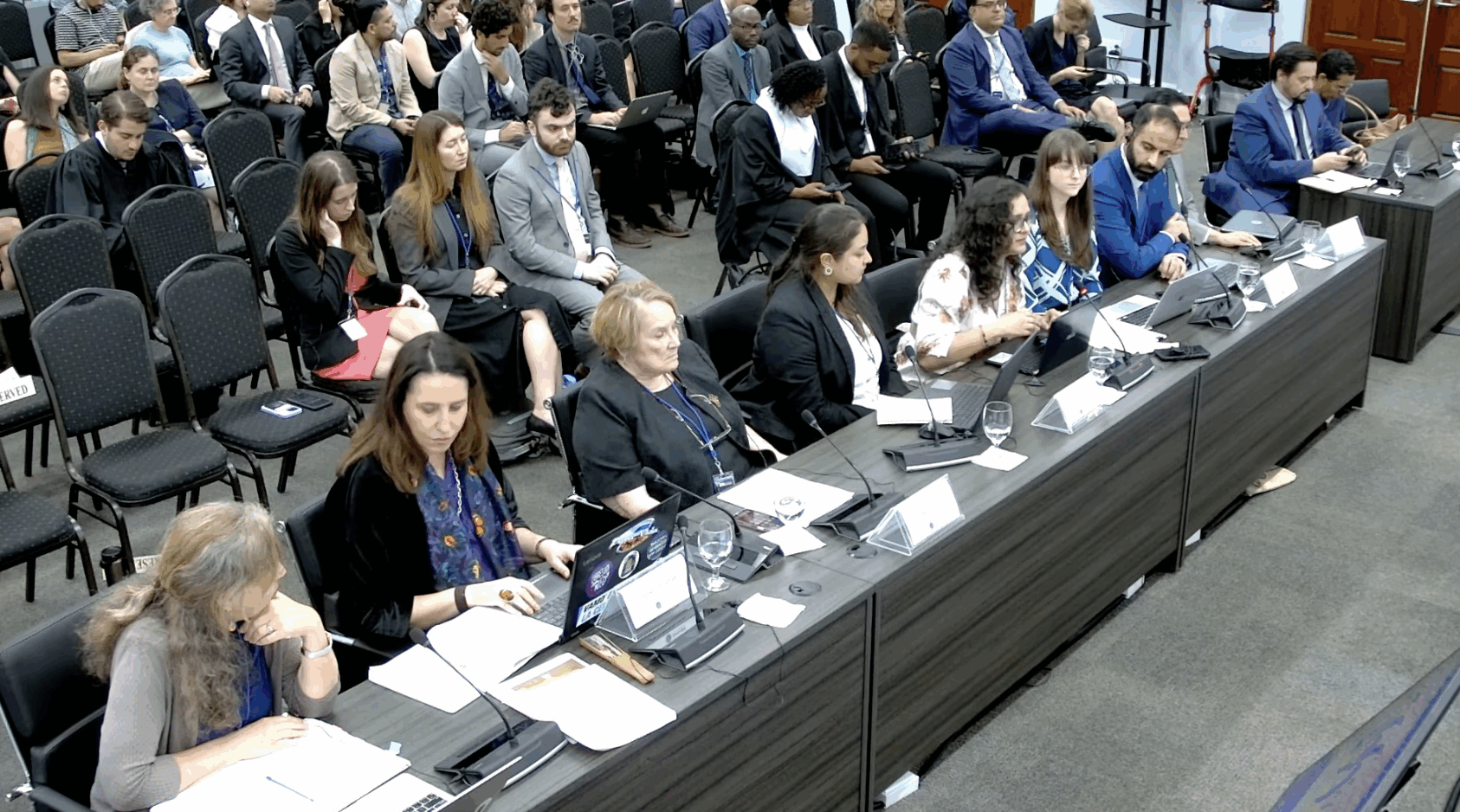 Cornell Law students Ayesha Umana Dajud JSD ’25, and Maria Alejandra Anaya-Torres JSD '25, testifying at the Inter-American Court of Human Rights in Barbados. Unrestricted annual fund gifts can support travel costs, allowing students to participate in transformative opportunities like this.