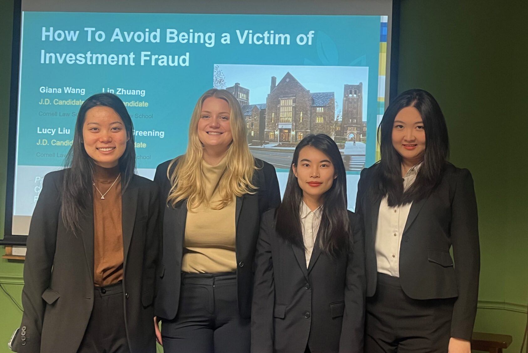 Students in Cornell Law School’s Securities Law Clinic traveled to Upstate Oasis, a senior education center in Syracuse, to give a public presentation on investment fraud schemes that target seniors and retirees. Giana Wang JD '25, Lin Zhuang JD '25, Lucy Liu JD '25, and Kaitlyn Greening JD '24 spent the afternoon speaking to a group of attendees about the obligations of financial professionals, red flag warnings for dangerous investments, dangerous investment products, and how to background check investment professionals.