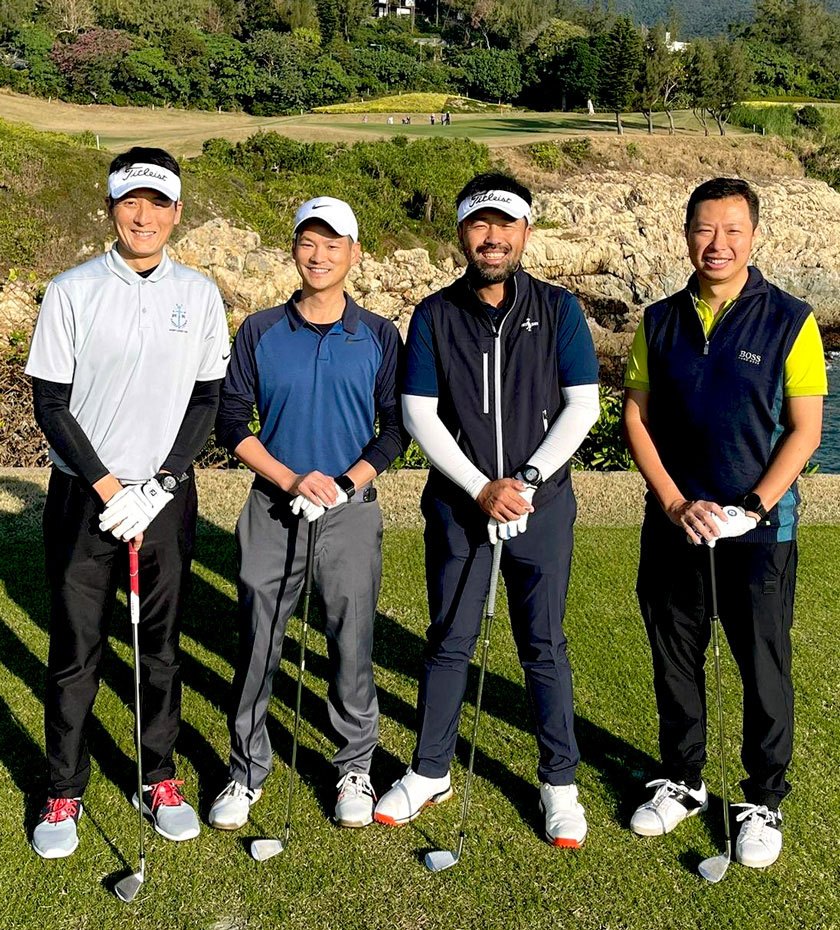 Big Red friends enjoy a golf outing at Shek O golf club in December 2022. (L to R): Greg Yu '99, Justin Poon '99, Stanley Sun '00, Isaac Wong '00