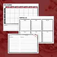 Preview of meal planner, shopping list, and recipe cards