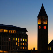 McGraw Tower lit up for Halloween preview
